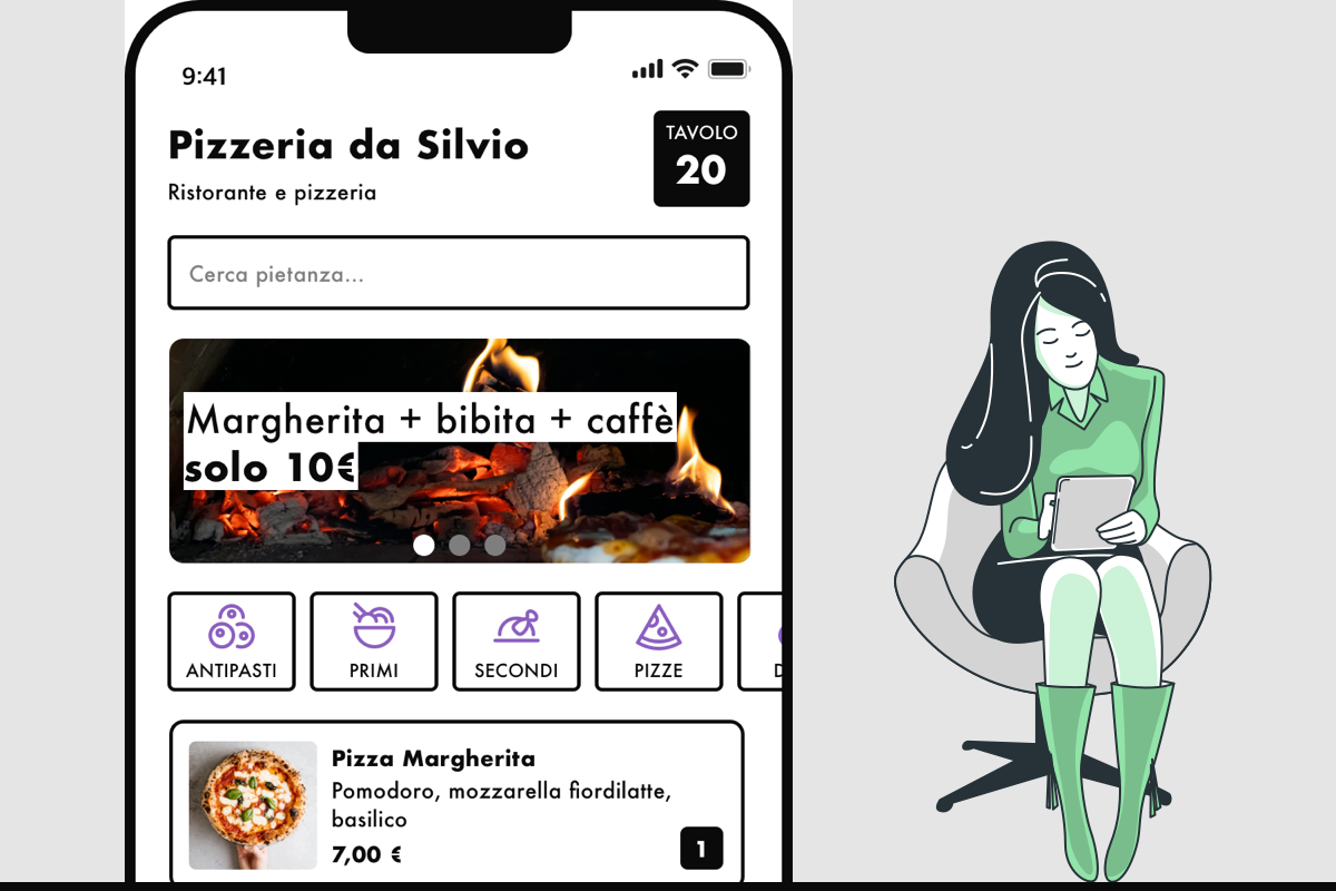 Illustrazione di un cliente che scansiona un codice QR con il proprio smartphone per accedere al menu digitale di un ristorante.