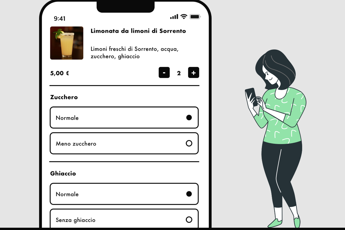 Illustrazione di un cliente che ordina cibo tramite un dispositivo digitale.